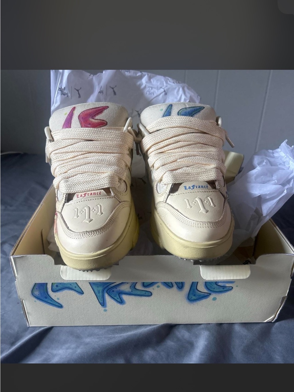 Puma Kids Cream Sneakers with red & Blue Accents
